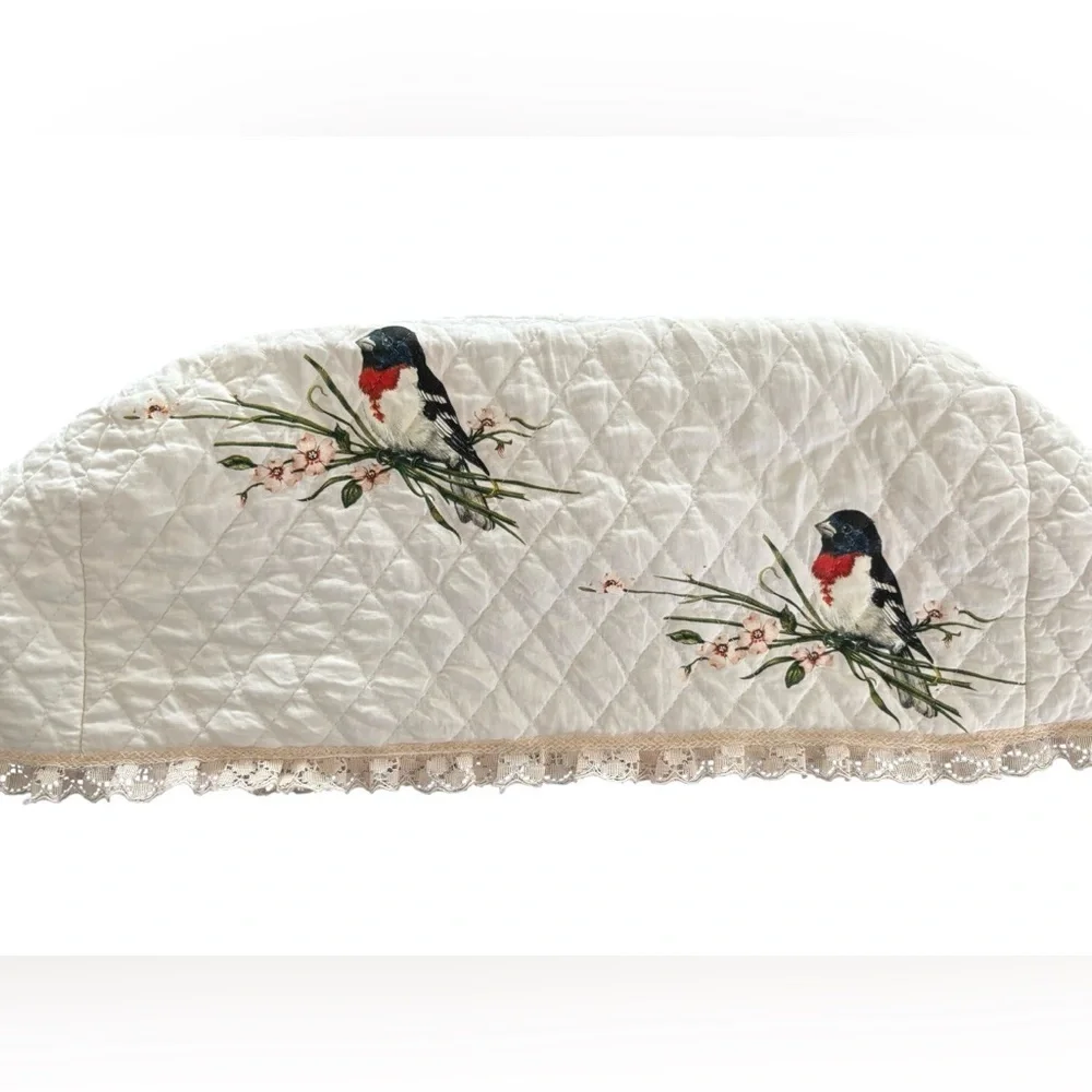 VTG Ivory White Quilted Toaster Cover Appliquéd Birds Lace Trim 12” Farmhouse